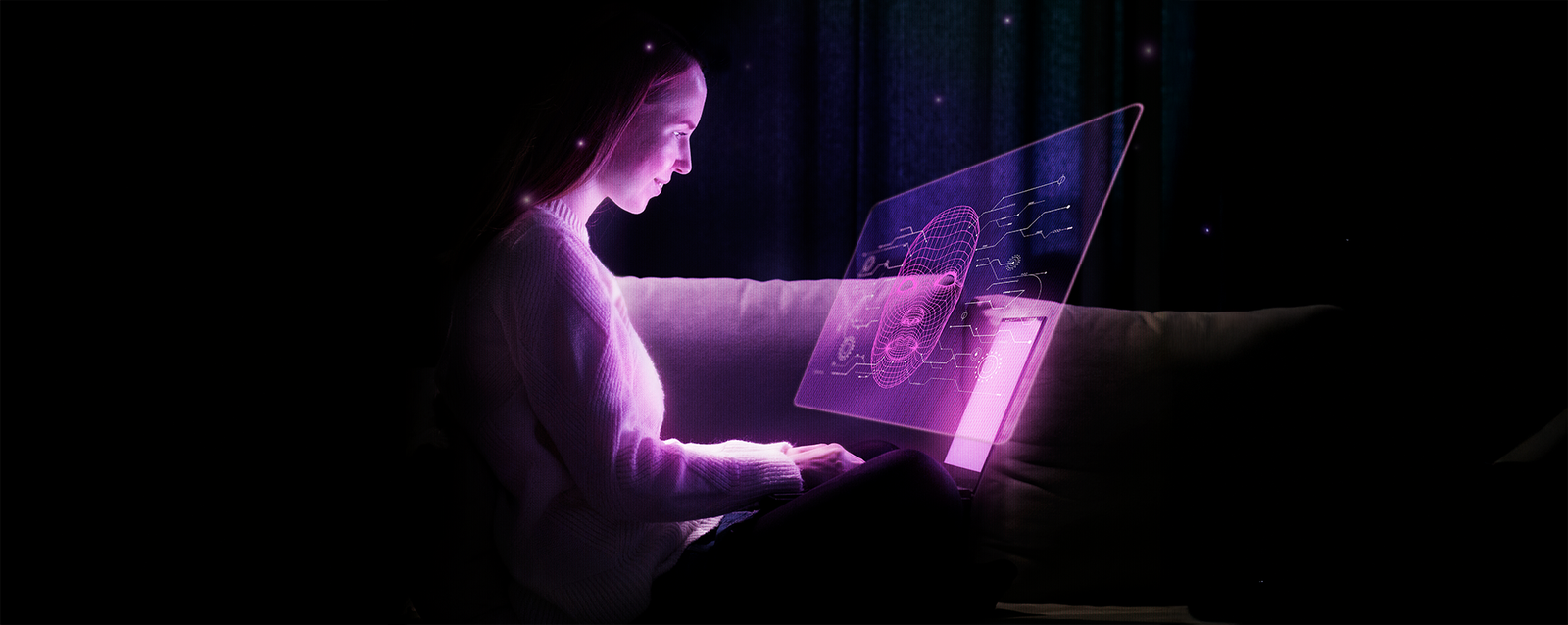 Especialista de marketing utilizando una interfaz de IA predictiva en su laptop para analizar el comportamiento del cliente y crear experiencias de hiperpersonalización.