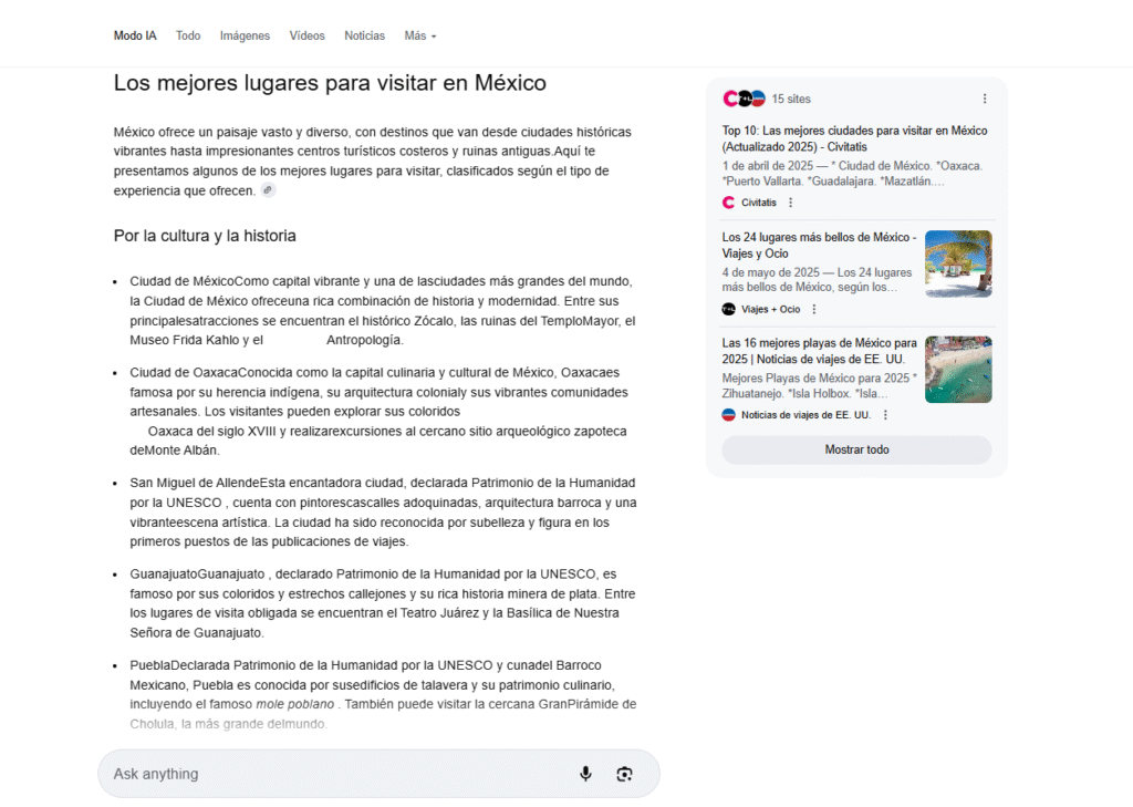 Pantalla que muestra una búsqueda realizada con Google IA mode sobre los mejores lugares para visitar en México