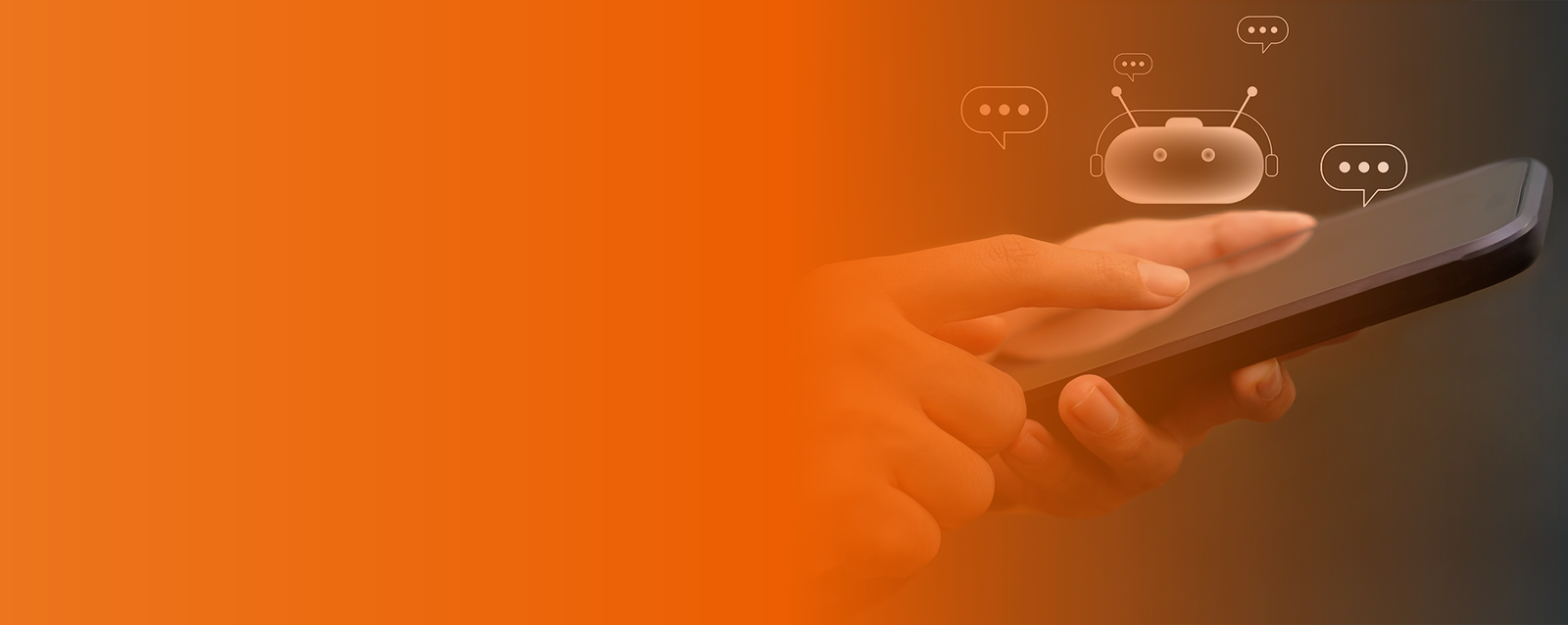 Manos que interactúan con un chatbot de inteligencia artificial en la pantalla de un teléfono móvil, ideal para una llamada a la acción sobre servicio al cliente o automatización.