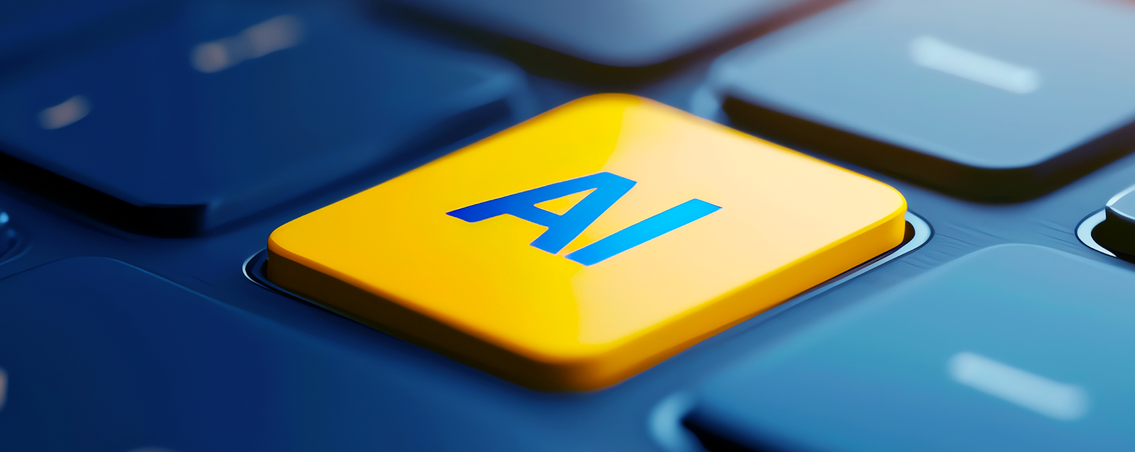 Primer plano de un teclado con una tecla amarilla destacada que muestra las letras AI, representando el concepto de inteligencia artificial