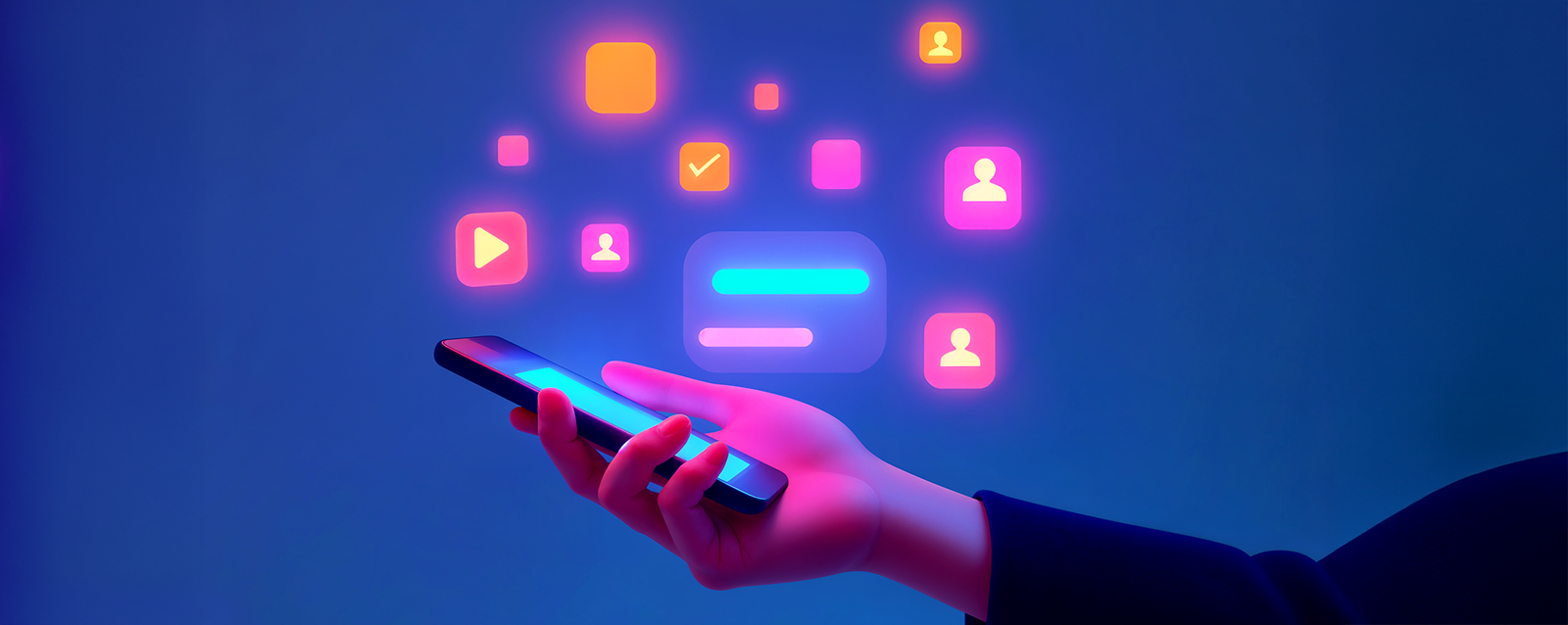 Mano sosteniendo un smartphone del cual emergen íconos de aplicaciones y perfiles de usuario, simbolizando la conectividad en redes sociales.