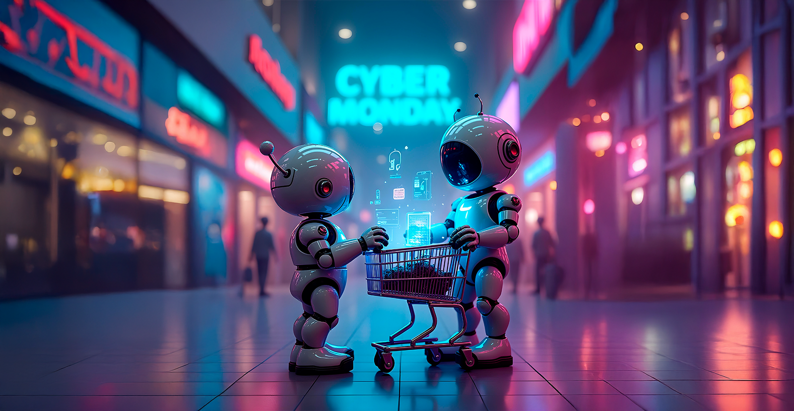 Dos robots interactuando con un carrito de compras en un entorno de Cyber Monday, representando el uso de inteligencia artificial en el marketing y la creatividad comercial.