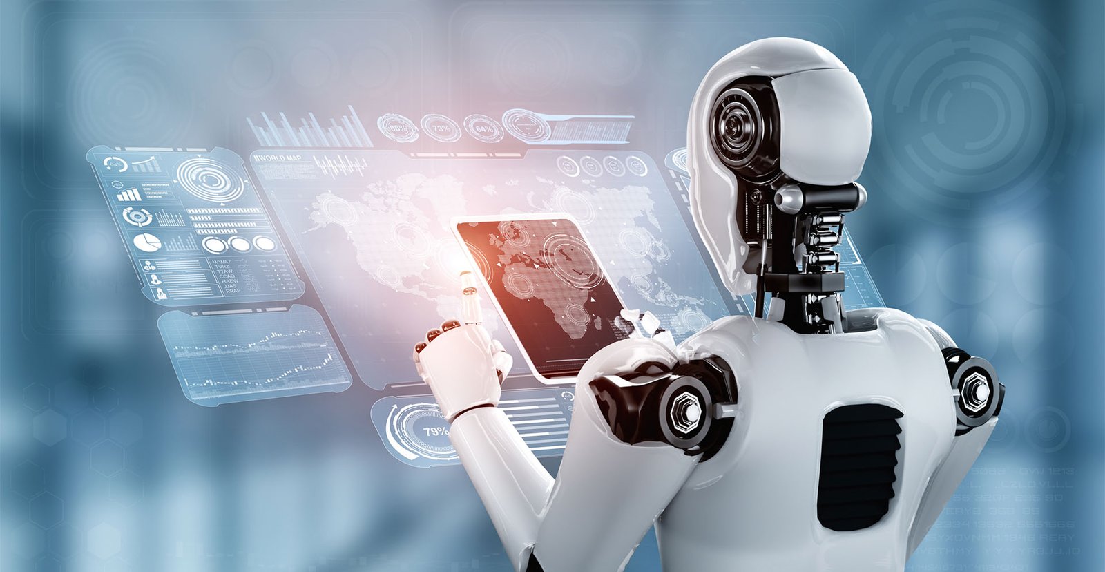 Robot humanoide revisando datos en una tableta frente a paneles digitales, simbolizando la aplicación del Machine Learning y el Deep Learning en el análisis de información.